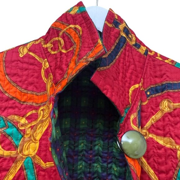 Quilted Reversible Jacket Medium Red Equestrian Plaid Print Preppy Artsy Womens - Picture 5 of 10